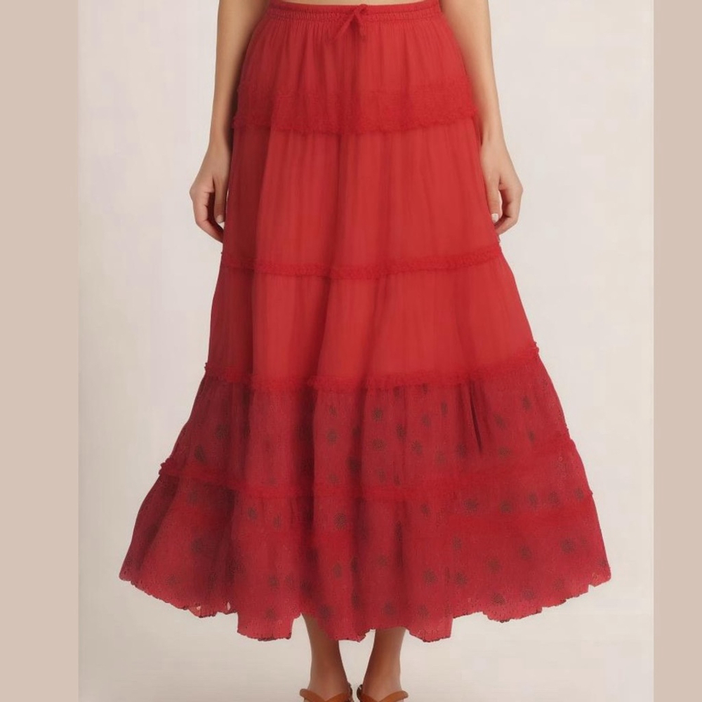 Anthropologie Red Tiered Maxi Skirt